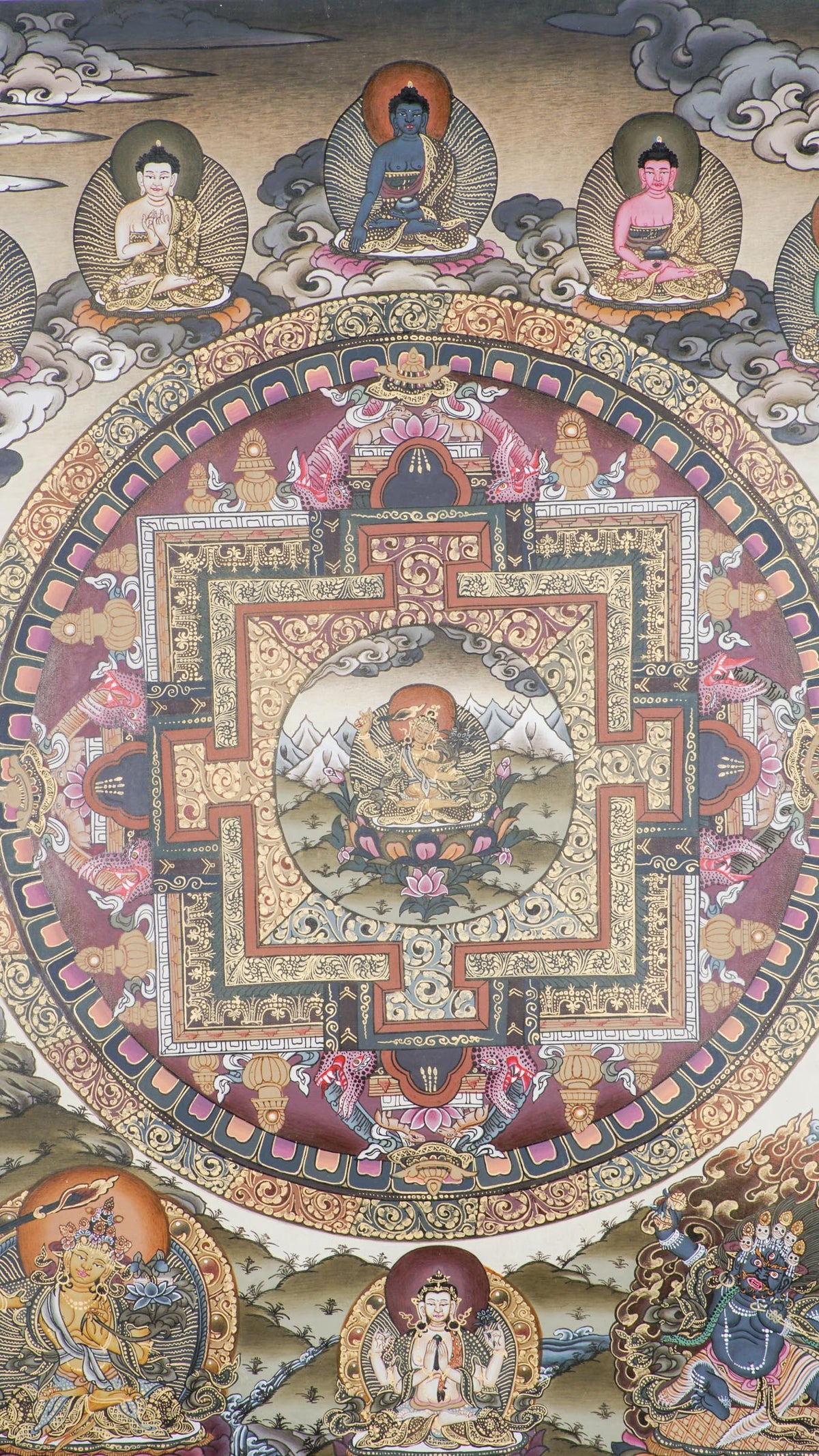A sacred art of Manjushree Mandala in a Thangka, representing bodhisattva of compassion, hand-painted by skilled artisans using 24k gold and natural pigments.