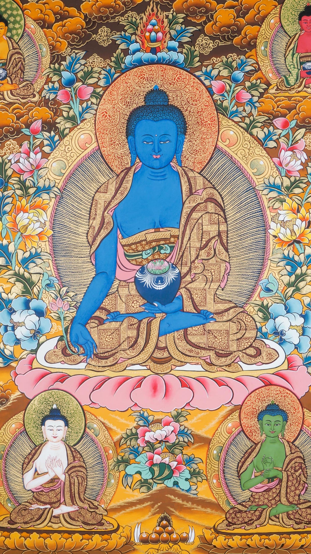 A sacred hand-painted thangka art of Medicine Buddha peacefully seated in a lotus throne symbolizing purity and healing.