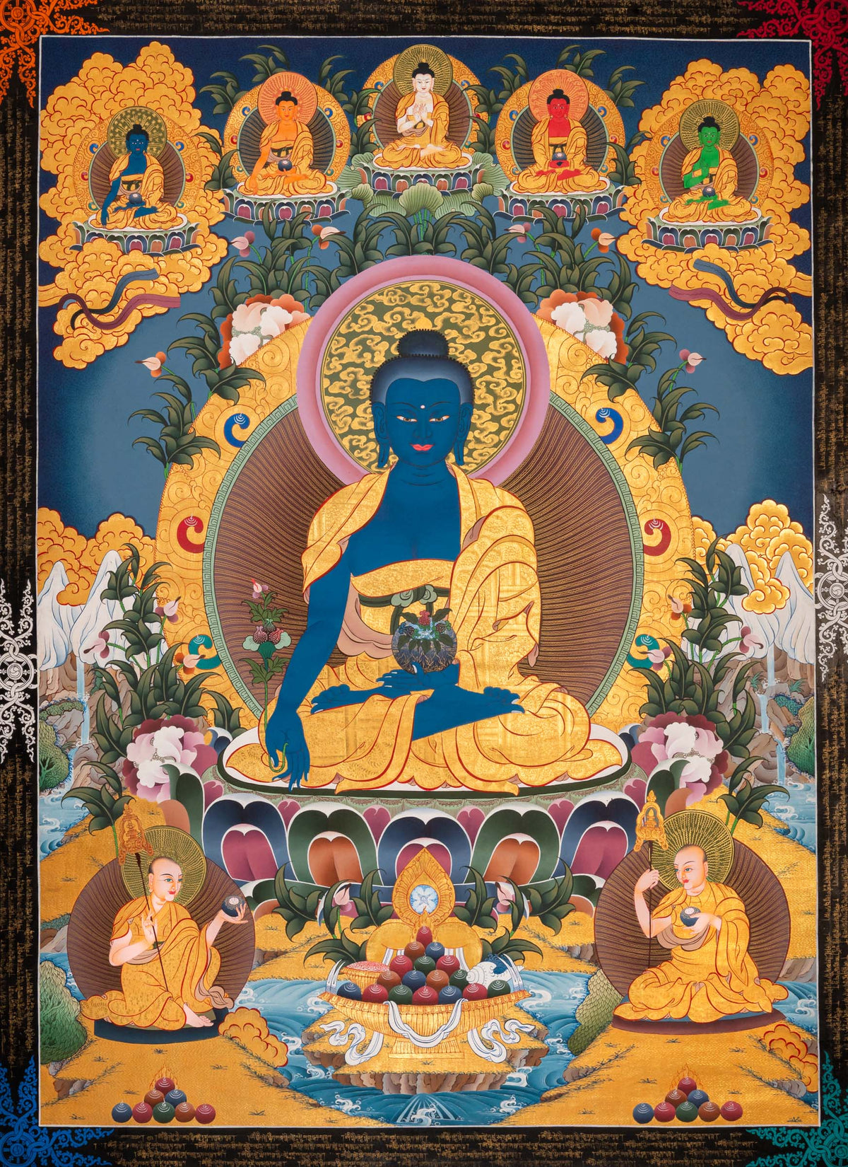 Medicine Buddha Thangka depicting Bhaisajyaguru, the Buddha of Healing, seated on a lotus throne holding a medicine bowl, surrounded by attendant Buddhas and disciples in traditional Tibetan Buddhist art.