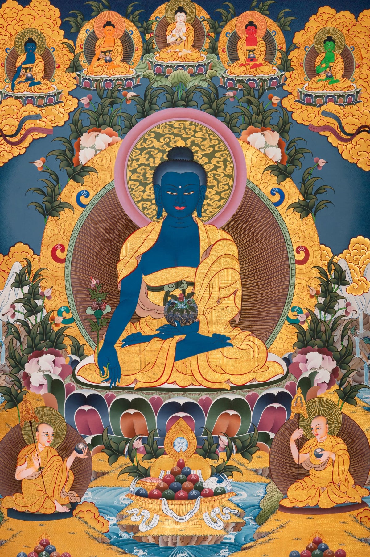 Medicine Buddha Thangka depicting Bhaisajyaguru, the Buddha of Healing, seated on a lotus throne holding a medicine bowl, surrounded by attendant Buddhas and disciples in traditional Tibetan Buddhist art.