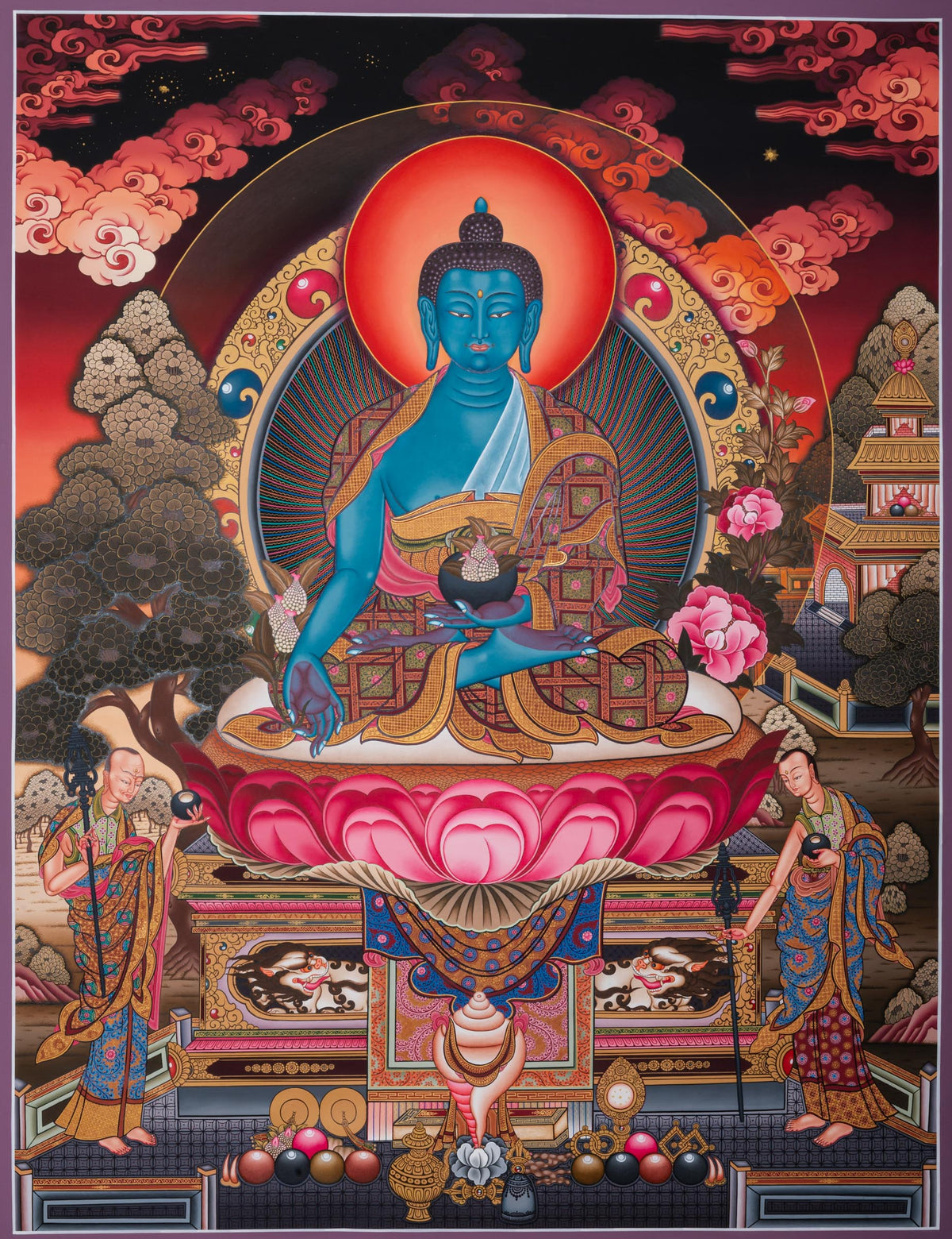 Medicine Buddha Thangka depicting Bhaisajyaguru with deep blue body, holding a myrobalan plant and a healing bowl, seated on a lotus throne with radiant halo, symbolizing healing and compassion in traditional hand-painted Tibetan Buddhist art.