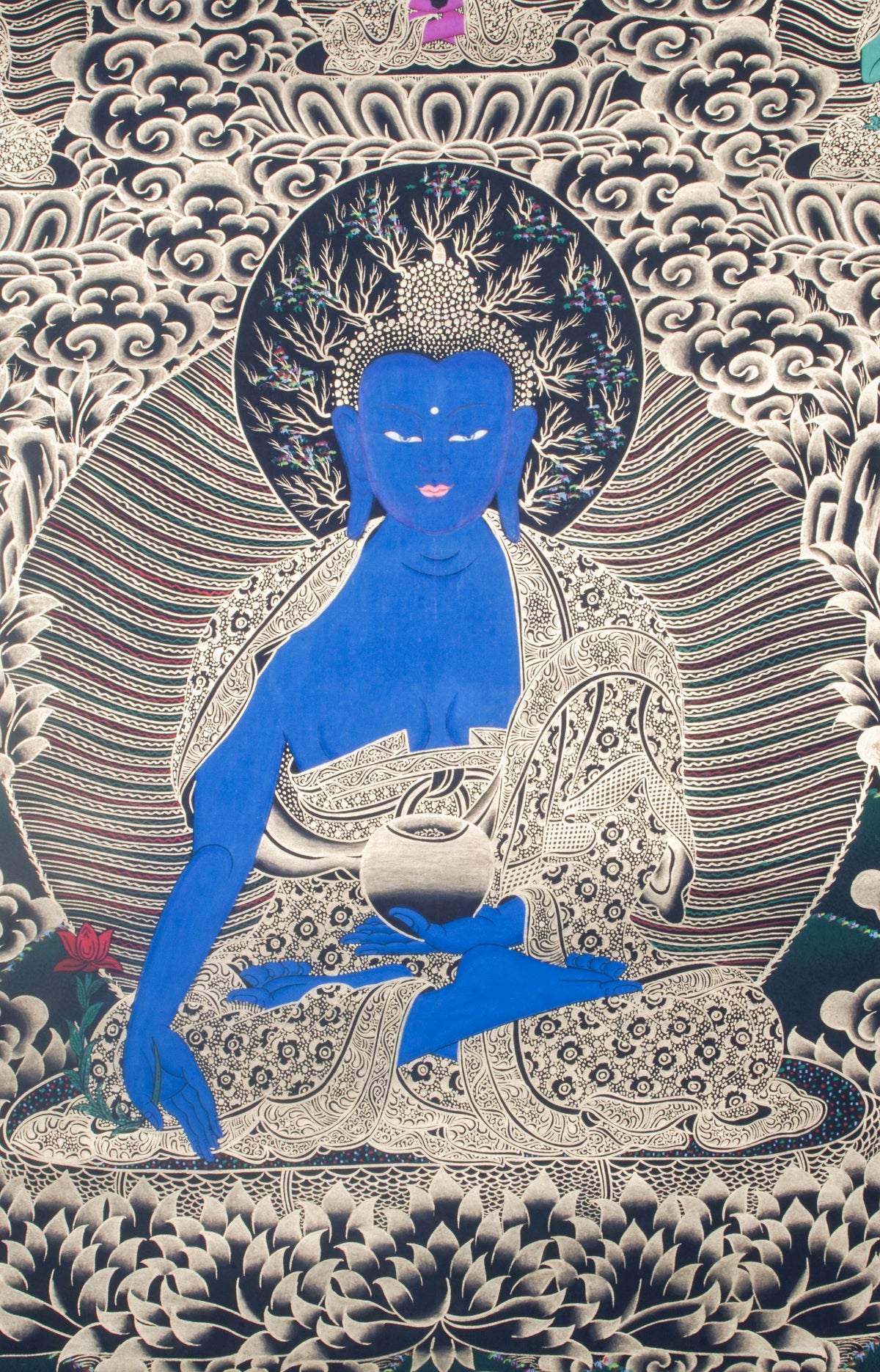 Medicine Buddha Thangka shows Bhaisajyaguru, the healing Buddha in Tibetan Buddhism, holding healing nectar and medicinal plant. Hand-painted with natural pigments by Tibetan artisans, it radiates peace and healing energy.