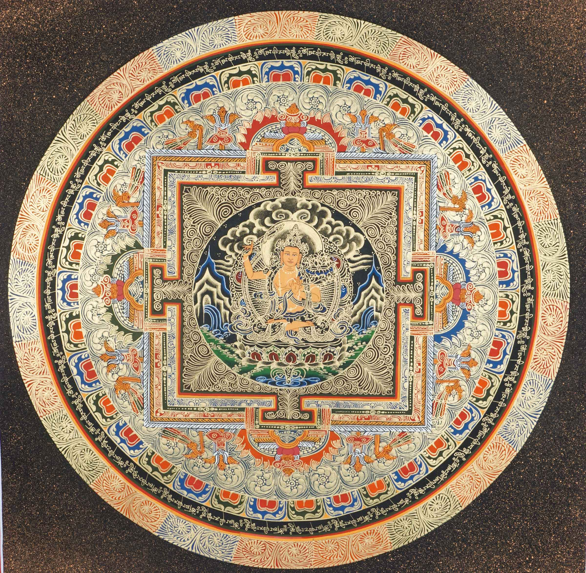 A beautifully hand-painted artwork of mandala mandala using 24k gold and natural pigments showcasing Manjushree in the center.