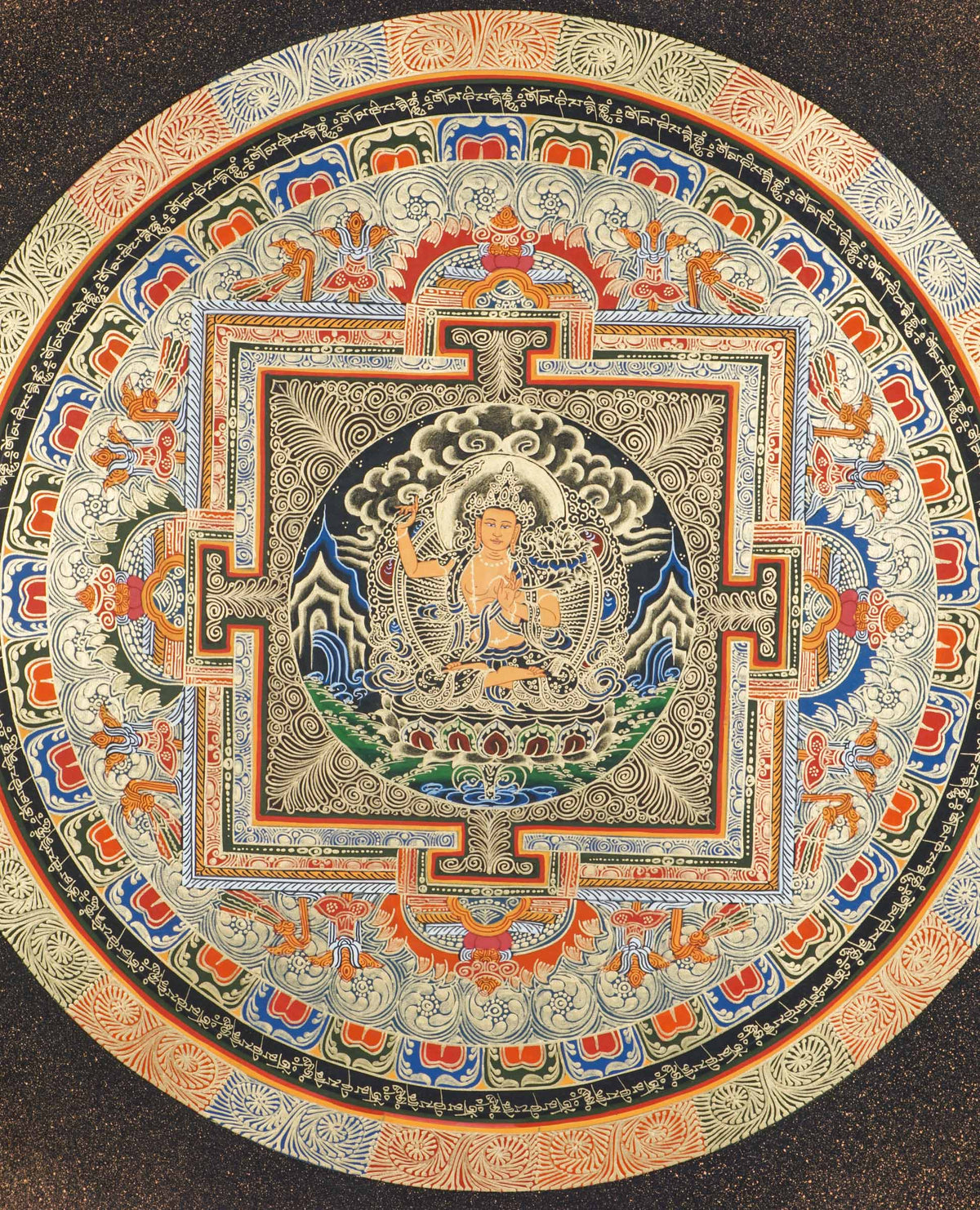 A beautifully hand-painted artwork of mandala mandala using 24k gold and natural pigments showcasing Manjushree in the center.