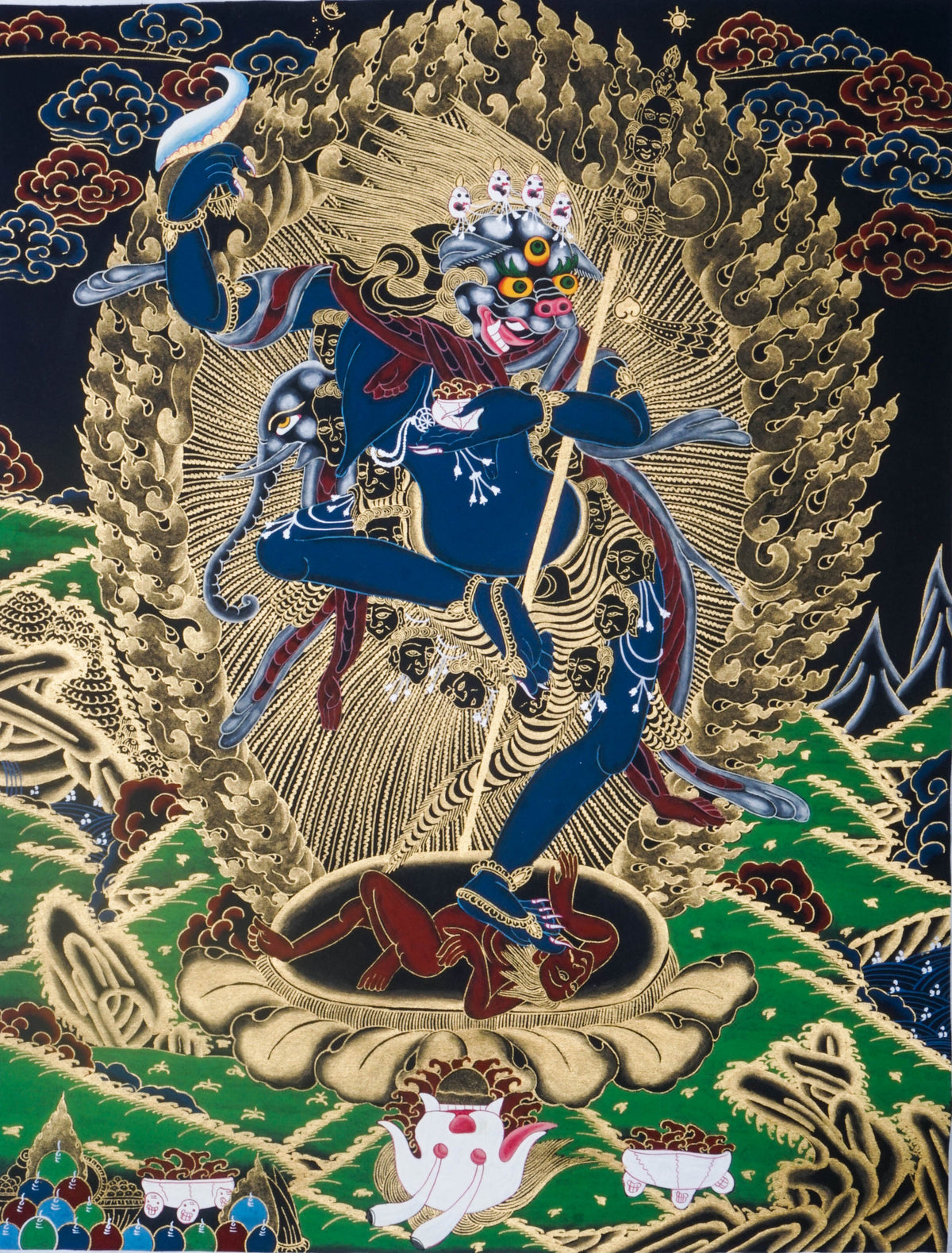 Simhamukha, the Lion-Faced Dakini, is a fierce protector in Tibetan Buddhism, symbolizing wisdom that cuts through ignorance and negativity. This hand-painted Thangka, crafted with natural pigments by skilled artisans, invites clarity, strength, and spiritual protection into your space.