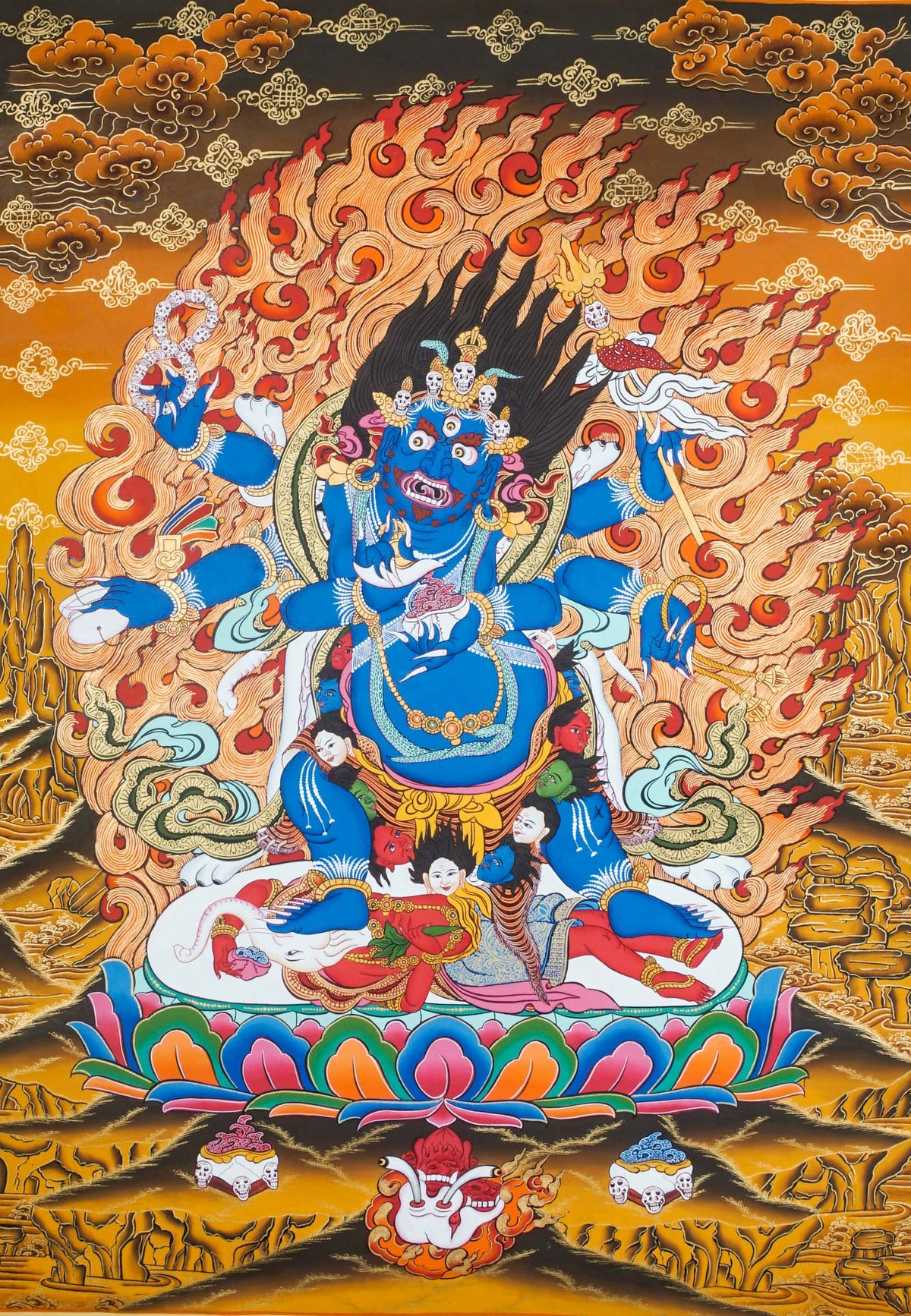 Hand-painted thangka artwork of Mahakala with multiple forms, with the six-armed version considered the most powerful and respected.