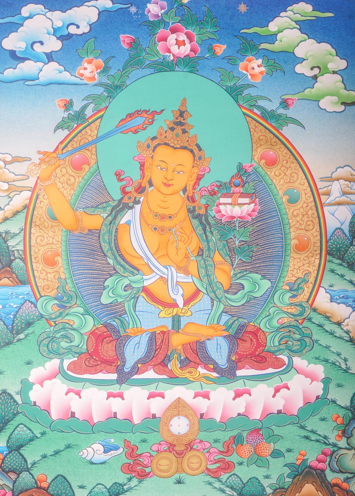 This genuine Tibetan Thangka of Manjushri embodies the enlightened wisdom of Buddhism, hand-painted with natural pigments by skilled artisans. A symbol of clarity and knowledge, this Buddhist artwork is perfect for any sacred or meditative space.