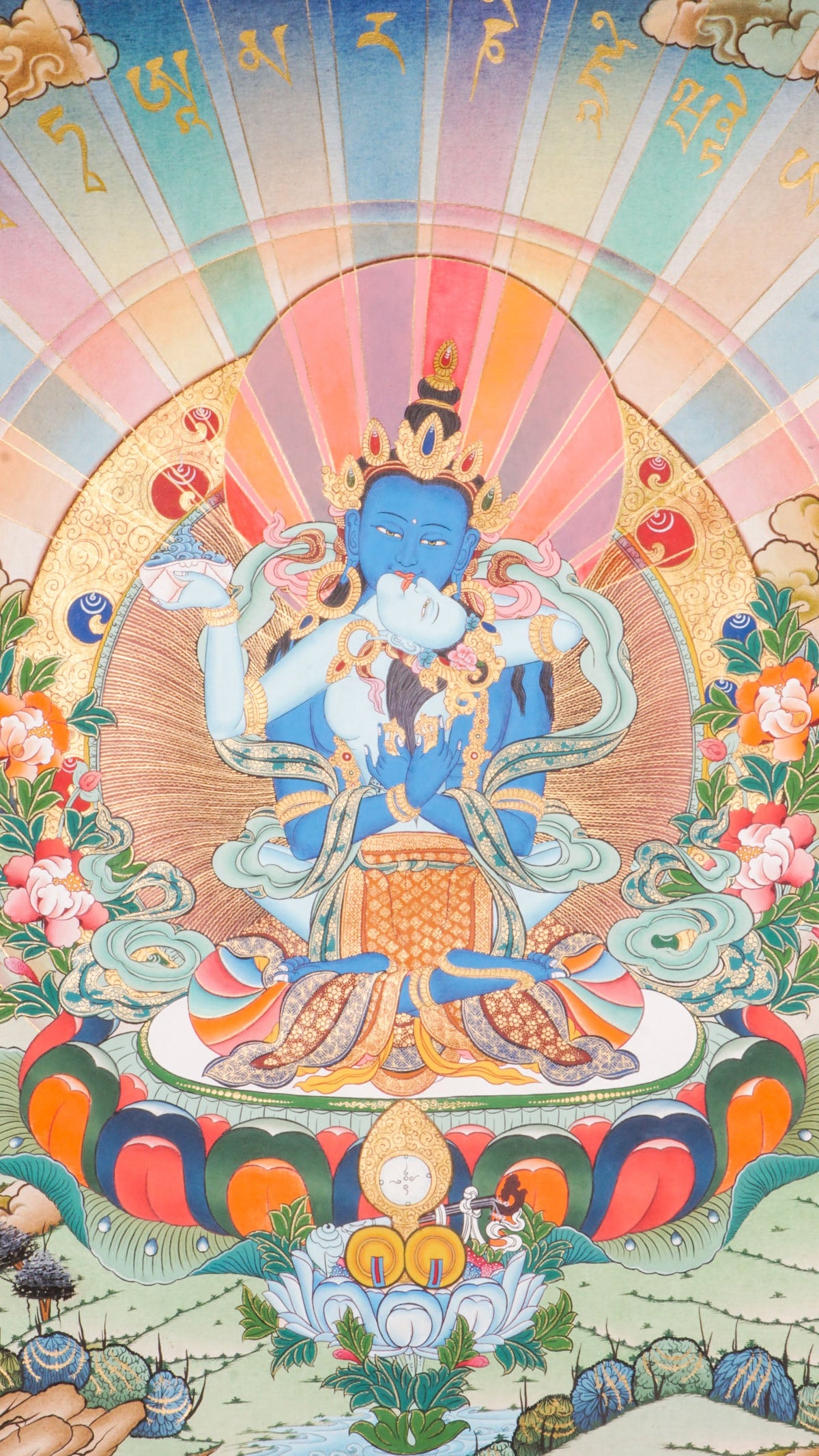 Traditional Tibetan thangka painting depicting Vajradhara Shakti in union, shown as a blue deity seated on a lotus throne with a consort, surrounded by radiant rays, clouds, floral motifs, and a symbolic landscape.