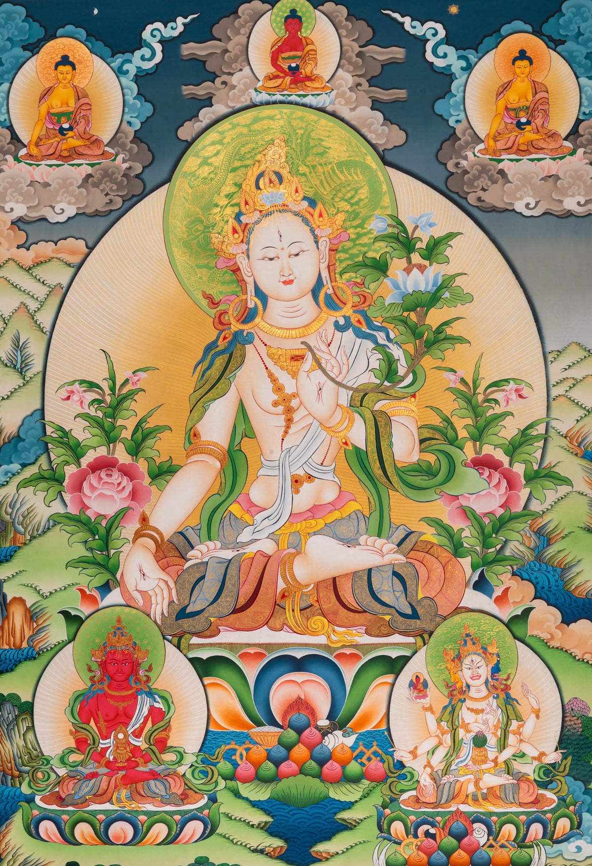 White Tara Thangka depicting the Buddhist goddess of longevity and compassion seated on a lotus throne, holding a blue utpala lotus, with seven eyes, surrounded by celestial Buddhas and lush landscape in traditional hand-painted Tibetan Buddhist art.