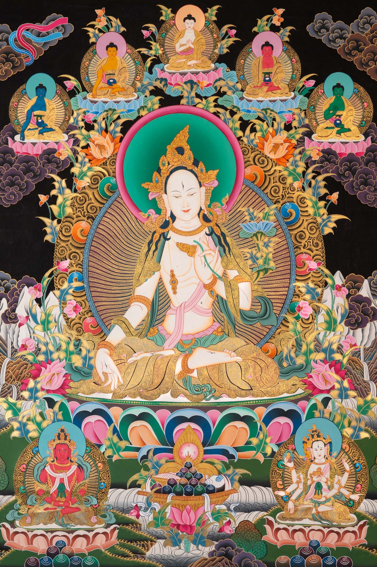 White Tara Thangka depicting the Buddhist goddess of longevity and compassion seated in meditation on a lotus throne, adorned with seven eyes, surrounded by celestial Buddhas and floral motifs in traditional hand-painted Tibetan Buddhist art.