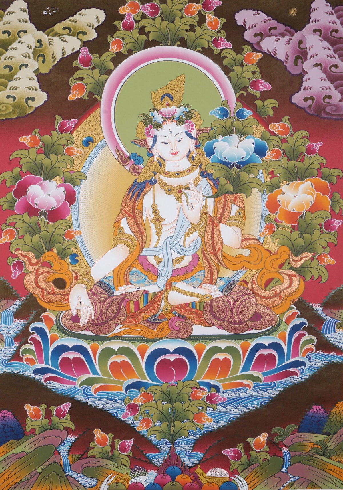 This genuine White Tara Thangka embodies compassion, healing, and longevity, hand-painted with traditional mineral pigments on authentic canvas. A radiant centerpiece for meditation or sacred space, it invites White Tara’s blessings of wisdom, protection, and spiritual growth.