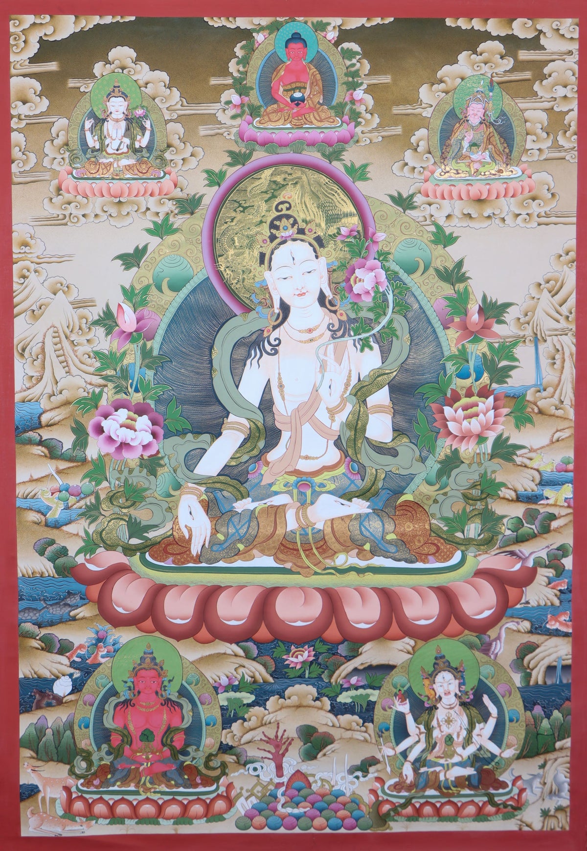 This genuine White Tara Thangka is a captivating piece of Tibetan art symbolizing compassion, purity, and healing. Hand-painted by skilled artisans using all-natural mineral pigments, it features White Tara seated in serene grace with seven vigilant eyes, offering blessings of peace, longevity, and spiritual protection.