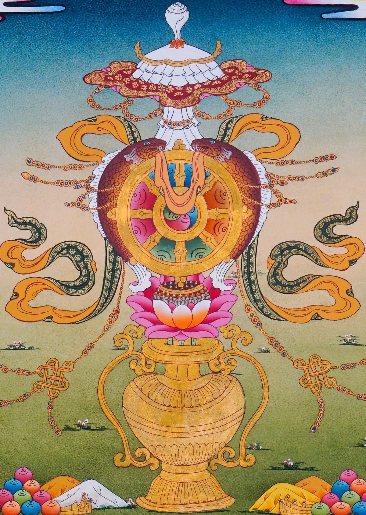 Ashtamangala Buddhist Thangka painting with an ornate golden Dharma Wheel, decorative parasol, and lotus pedestal