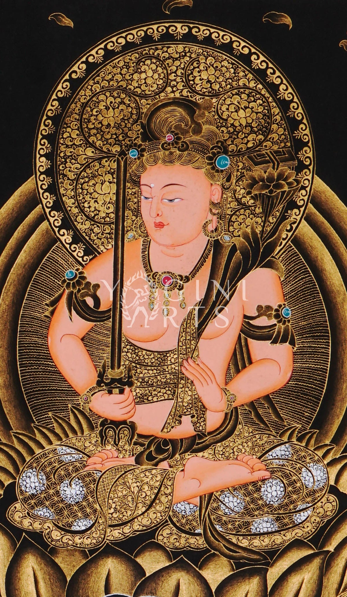 Hand-painted Manjushri thangka in gold on black canvas featuring the Buddhist wisdom deity seated on a snow lion holding a flaming sword and lotus scripture