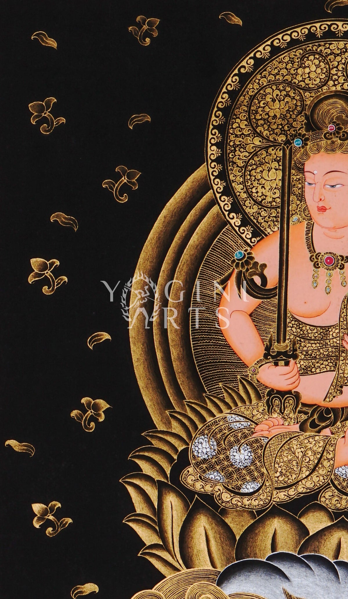 Hand-painted Manjushri thangka in gold on black canvas featuring the Buddhist wisdom deity seated on a snow lion holding a flaming sword and lotus scripture