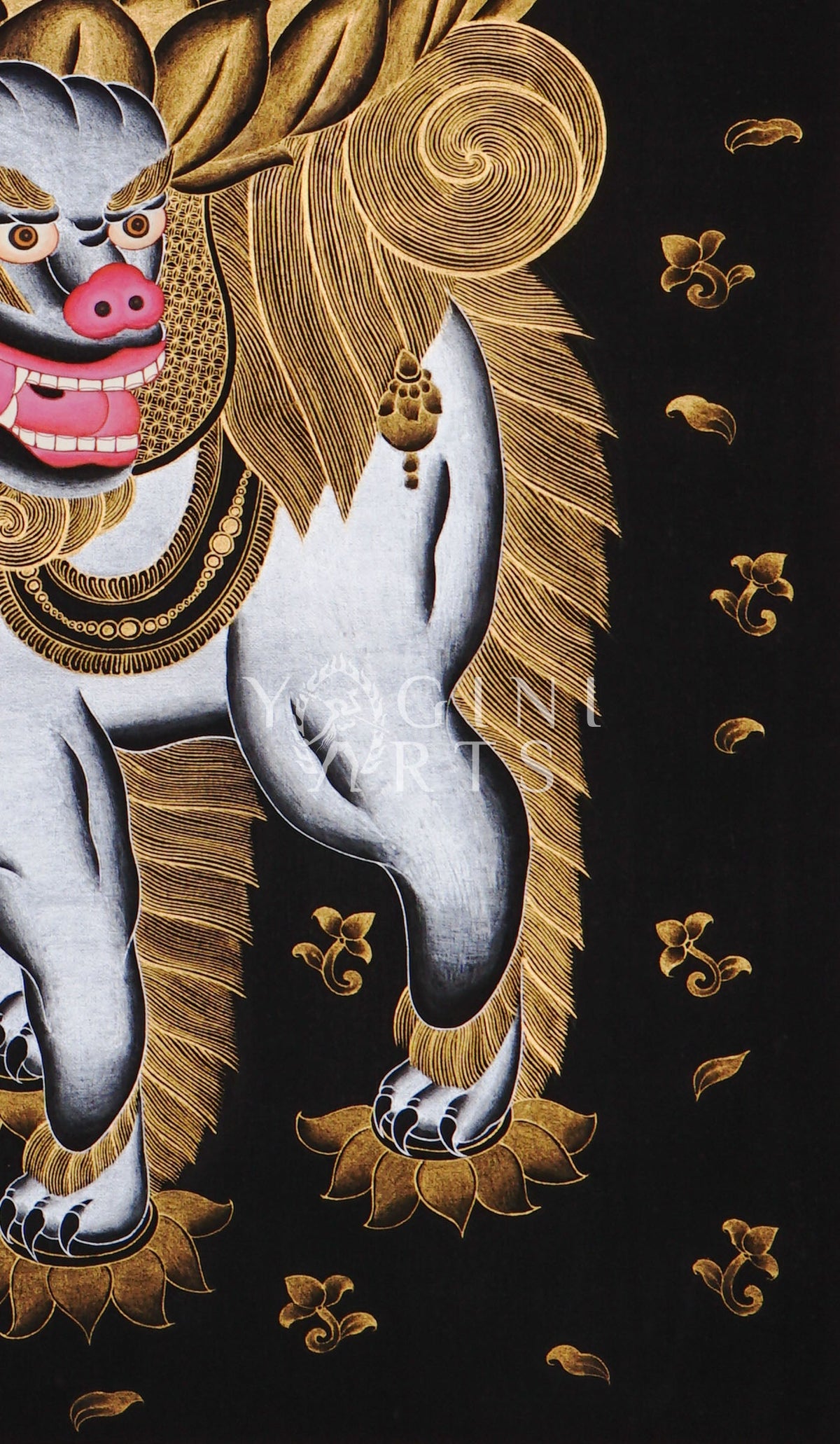 Hand-painted Manjushri thangka in gold on black canvas featuring the Buddhist wisdom deity seated on a snow lion holding a flaming sword and lotus scripture