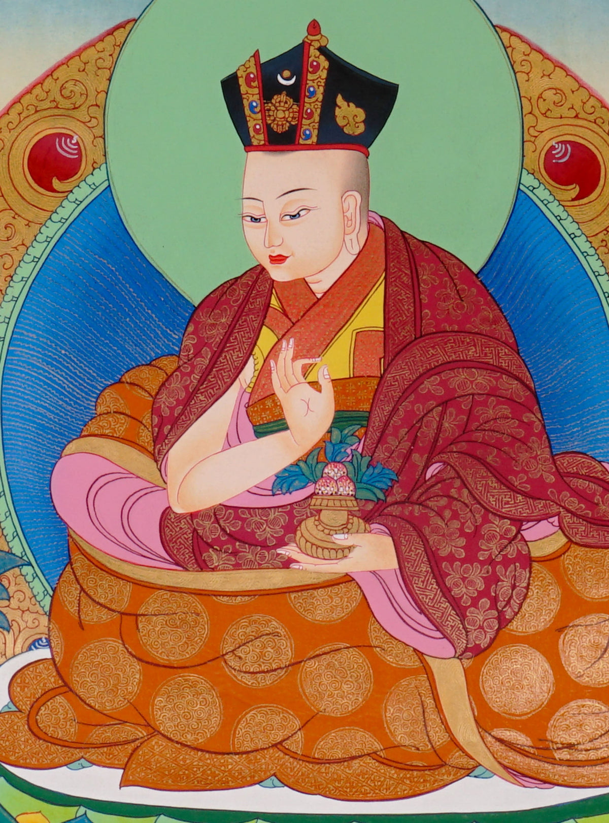 Sixteen Karmapas Tibetan Buddhist thangka set featuring lineage masters seated on lotus thrones with traditional Himalayan landscapes and gold detailing