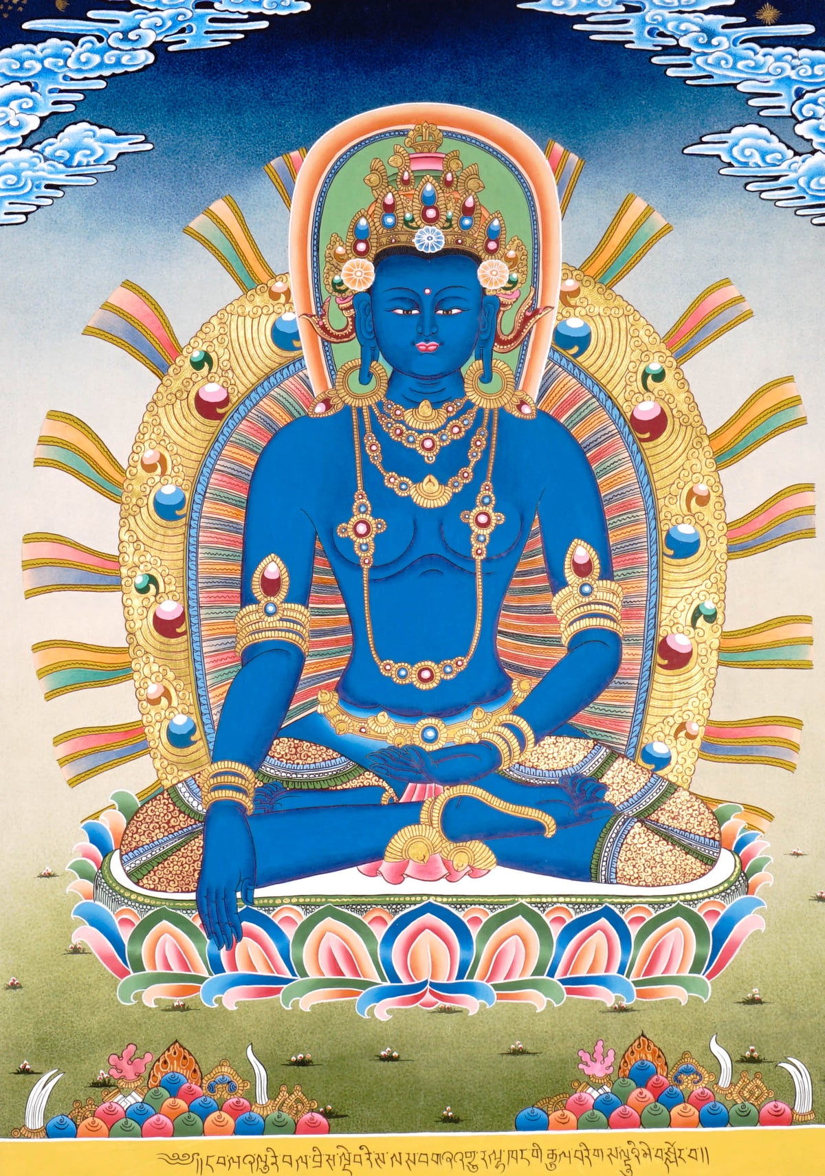 Newari Five Dhyani Buddhas thangka set depicting Amitabha, Vairocana, Akshobhya, Ratnasambhava, and Amoghasiddhi seated on lotus thrones with jeweled halos and traditional Vajrayana Buddhist symbolism.