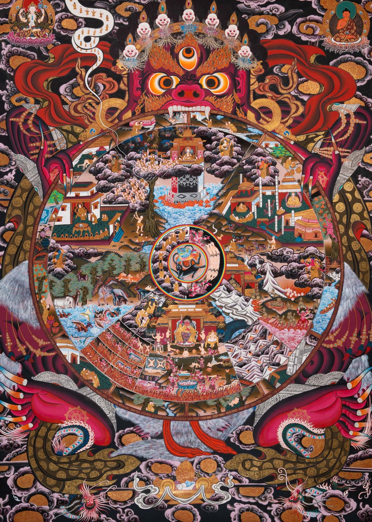 Wheel of Life (Bhavachakra) Thangka painting depicting the Buddhist cycle of existence, held by Yama, illustrating the six realms of rebirth, karma, and impermanence in a traditional Tibetan Buddhist composition.