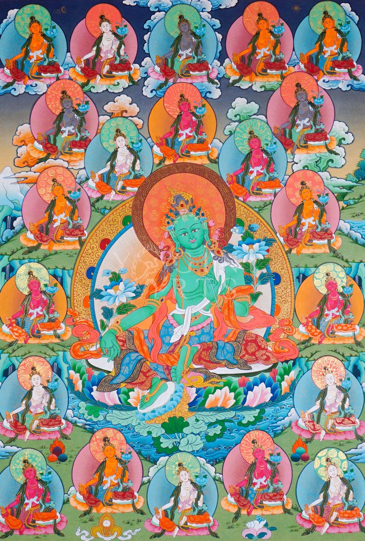 Hand-painted 21 Tara Thangka featuring Green Tara surrounded by the Twenty-One Manifestations of Tara on lotus thrones with Himalayan landscape background.