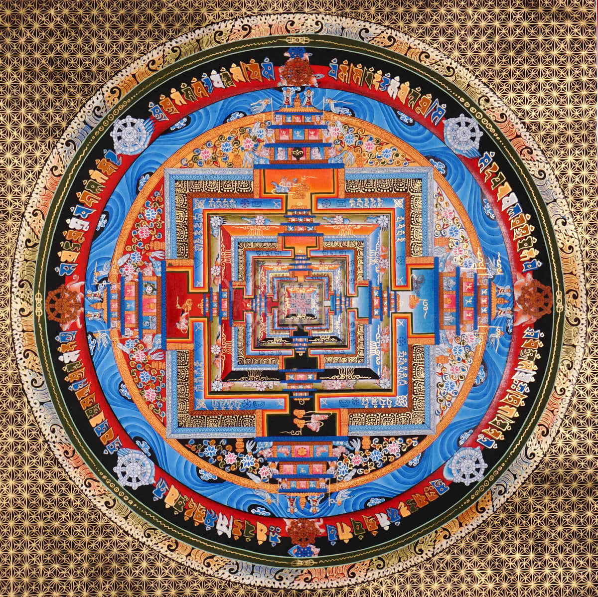 Hand painted Kalachakra Mandala thangka depicting intricate Tibetan Wheel of Time sacred geometry in symmetrical palace design