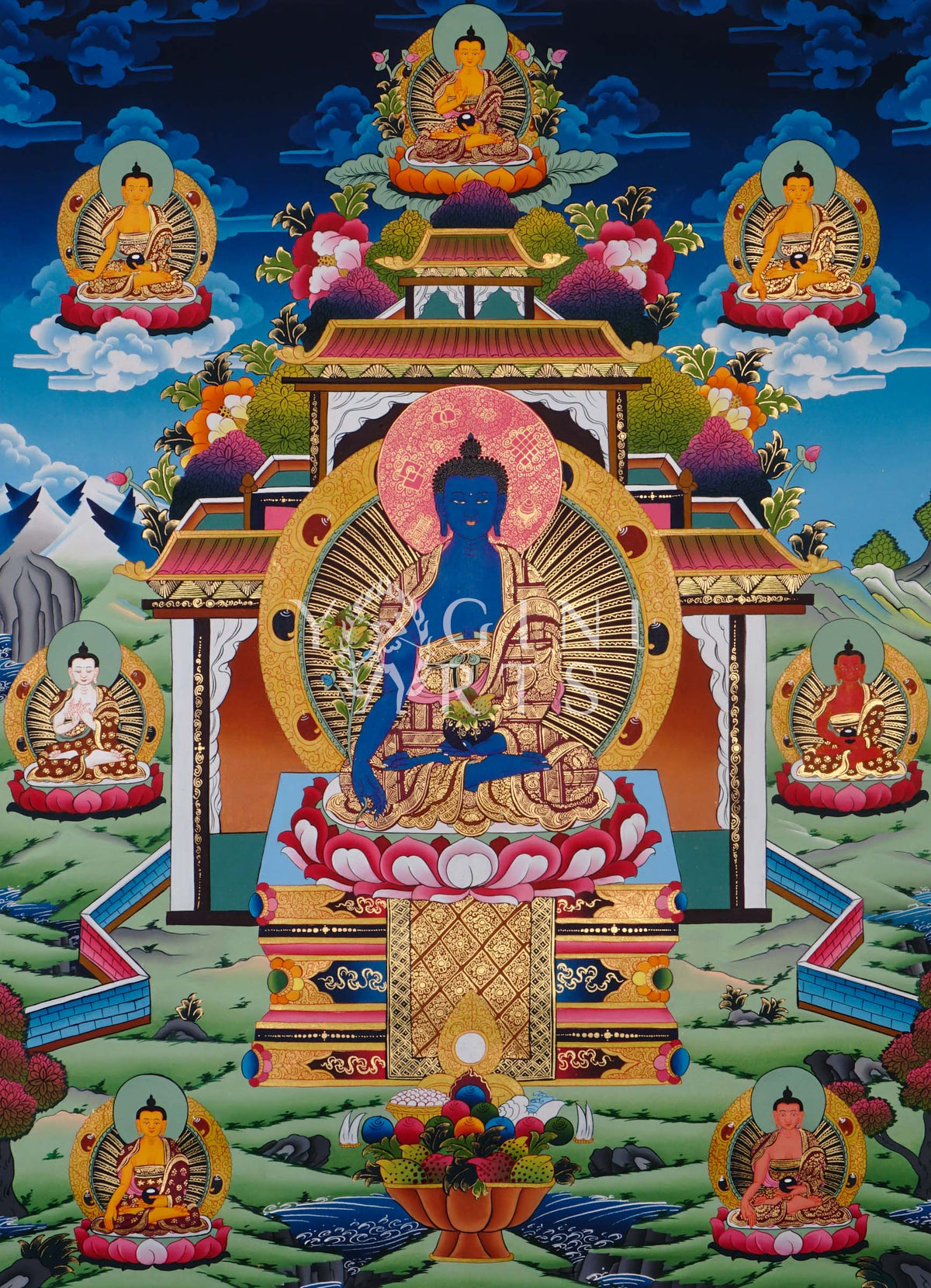 Medicine Buddha thangka featuring the Healing Buddha seated within a sacred temple shrine surrounded by enlightened Buddhas and Himalayan symbolism