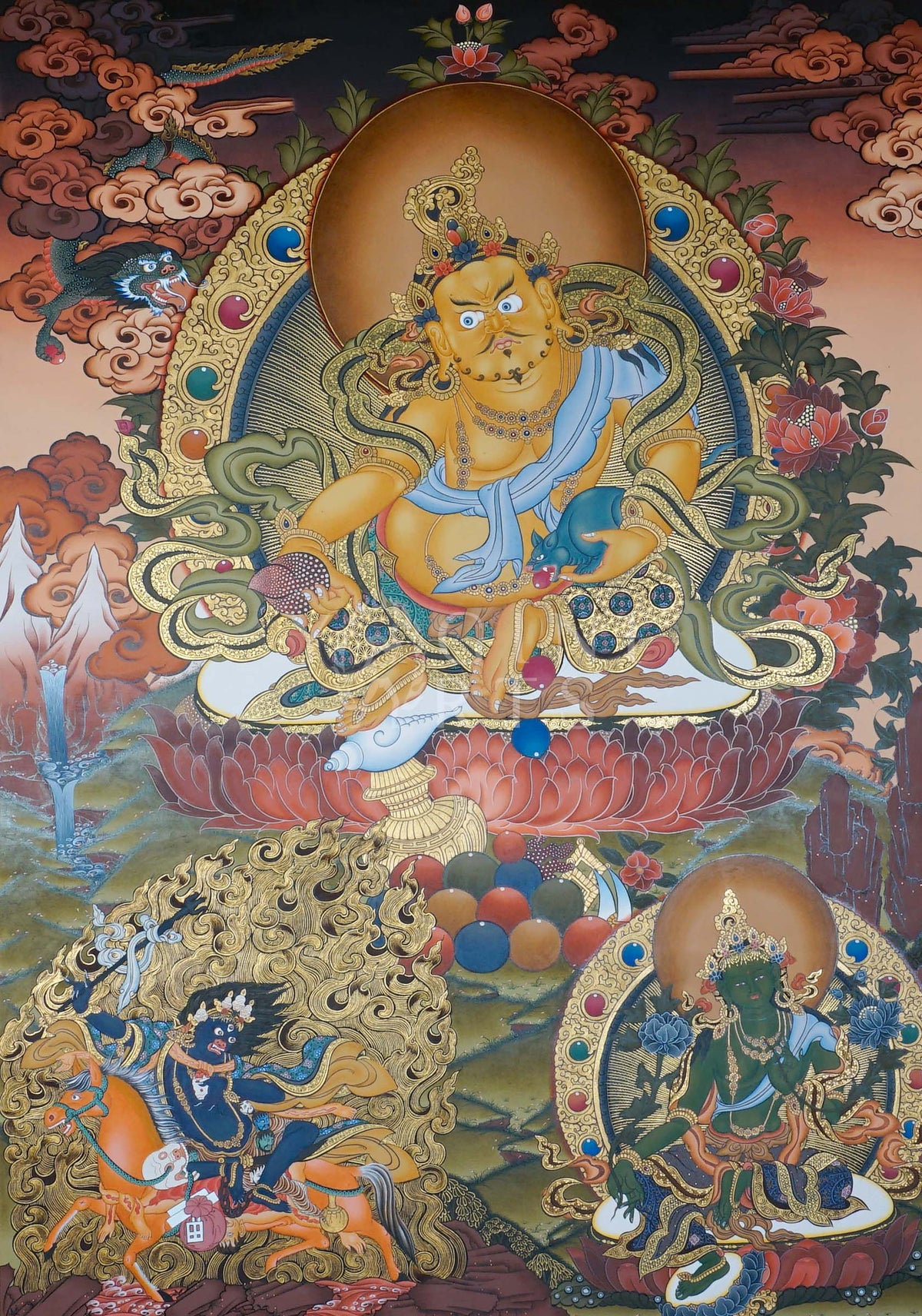Hand-painted Yellow Zambhala Thangka with Green Tara and Black Dzambhala featuring natural mineral pigments, gold detailing, lotus throne, and traditional Himalayan landscape.