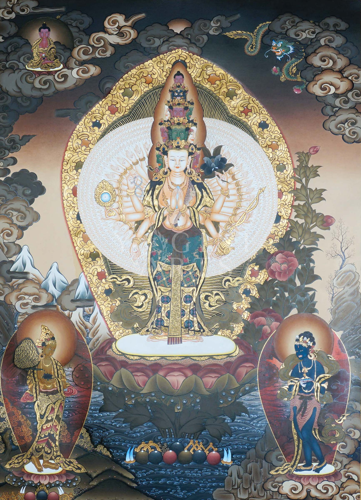Hand-painted Thousand-Armed Avalokiteshvara Thangka depicting the eleven-faced Chenrezig with a thousand arms, natural mineral pigments, gold detailing, and a traditional Himalayan landscape.