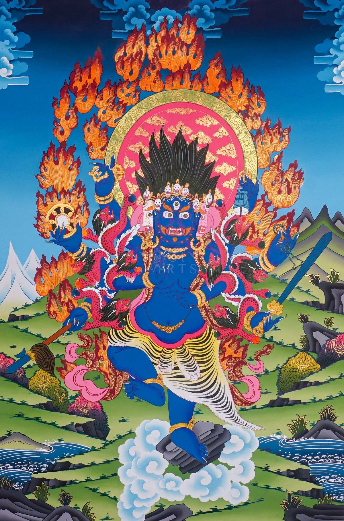 Akash Bhairav Thangka painting featuring a fierce blue deity surrounded by blazing orange flames and a detailed Himalayan landscape, 75 x 50 cm