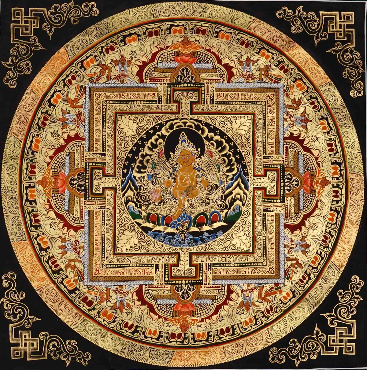 Hand painted Zambhala Mandala thangka depicting Tibetan wealth deity seated within sacred geometric palace on black background