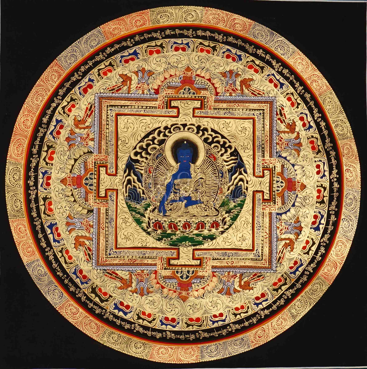 Hand painted Medicine Buddha Mandala thangka depicting blue healing Buddha seated within sacred geometric palace on dark background