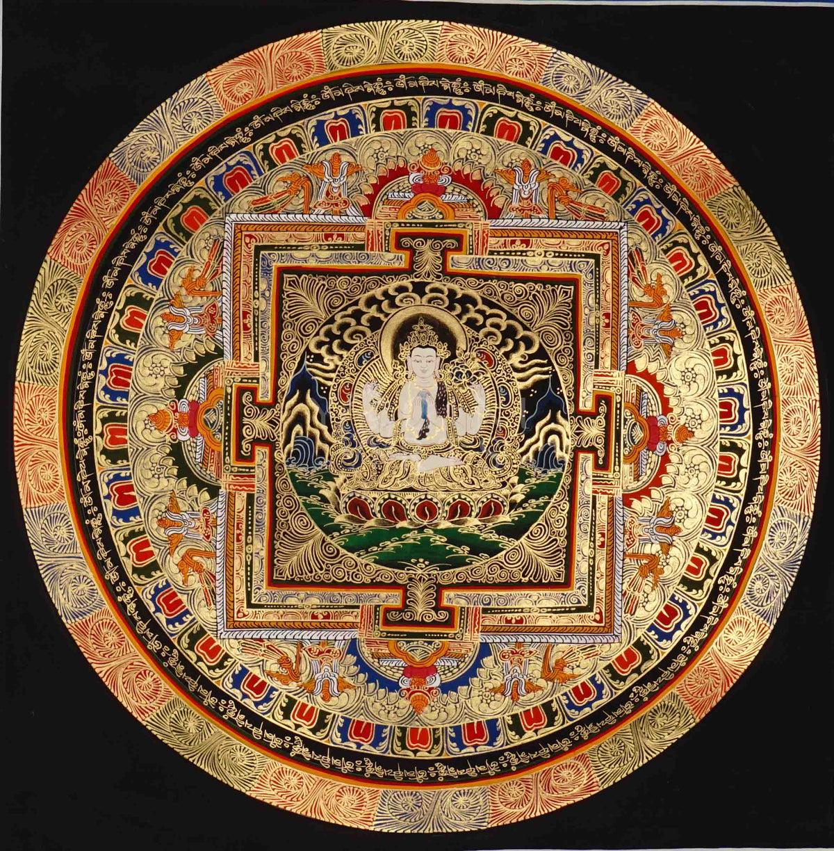 Hand painted Chenrezig Mandala thangka depicting Avalokiteshvara seated within sacred geometric palace on dark background