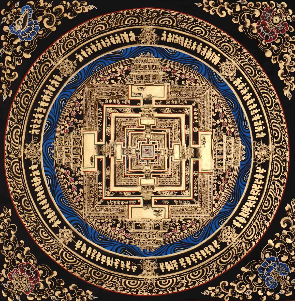 Hand painted black and gold Kalachakra Mandala thangka with blue concentric rings and Tibetan mantra inscriptions