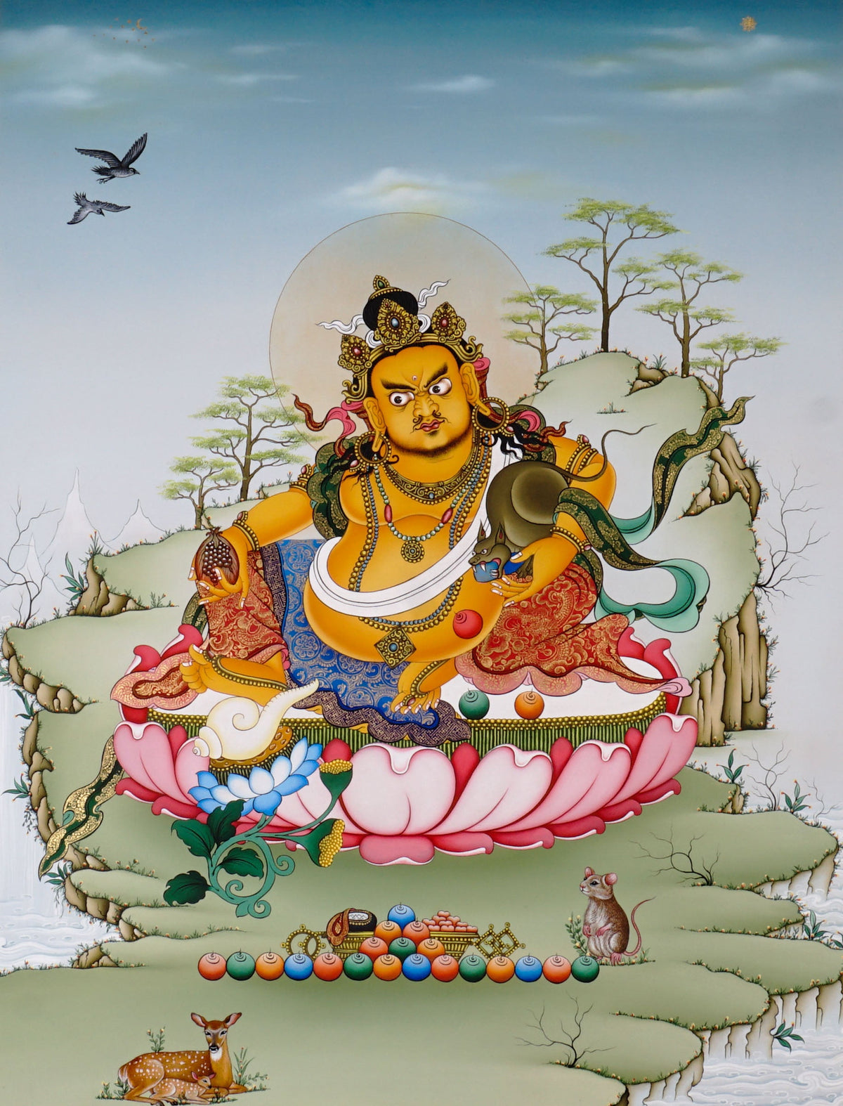 Hand-painted Yellow Dzambhala thangka showing Tibetan wealth deity seated on lotus throne holding mongoose and citron with gold detailing and Himalayan landscape background.