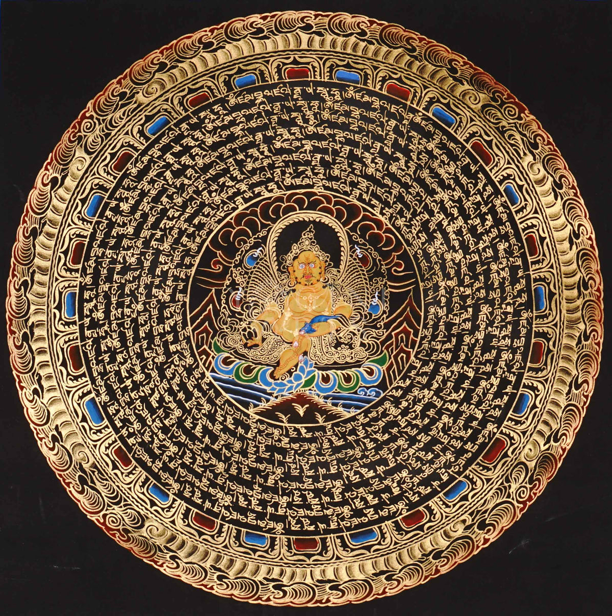 Zambhala mandala thangka featuring a central wealth deity surrounded by circular Tibetan script and intricate gold detailing on black background.
