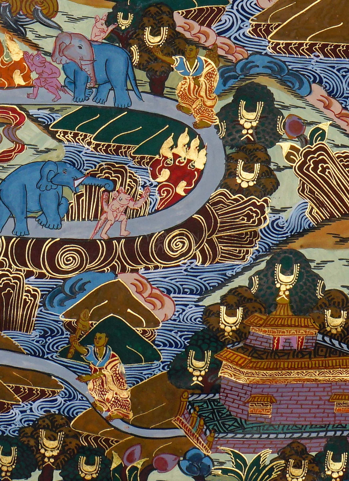 Way to Heaven Thangka painting featuring elephants, attendants, winding mountain paths, rivers, and intricate Himalayan landscape details, 50 x 37 cm