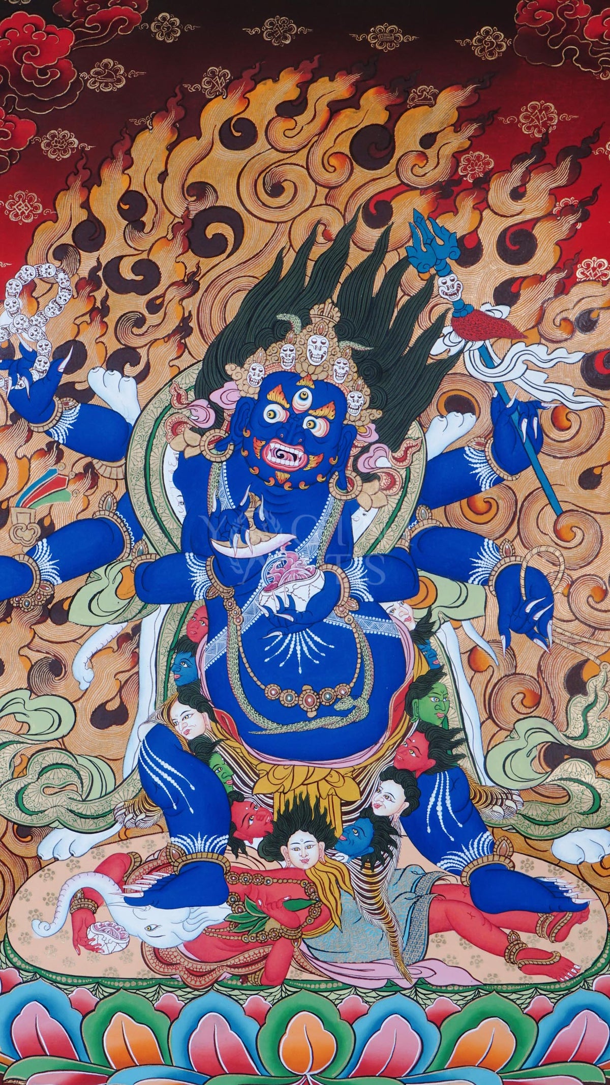 Hand-painted Tibetan thangka of Six-Armed Mahakala wrathful Buddhist protector deity surrounded by flames and sacred tantric symbolism