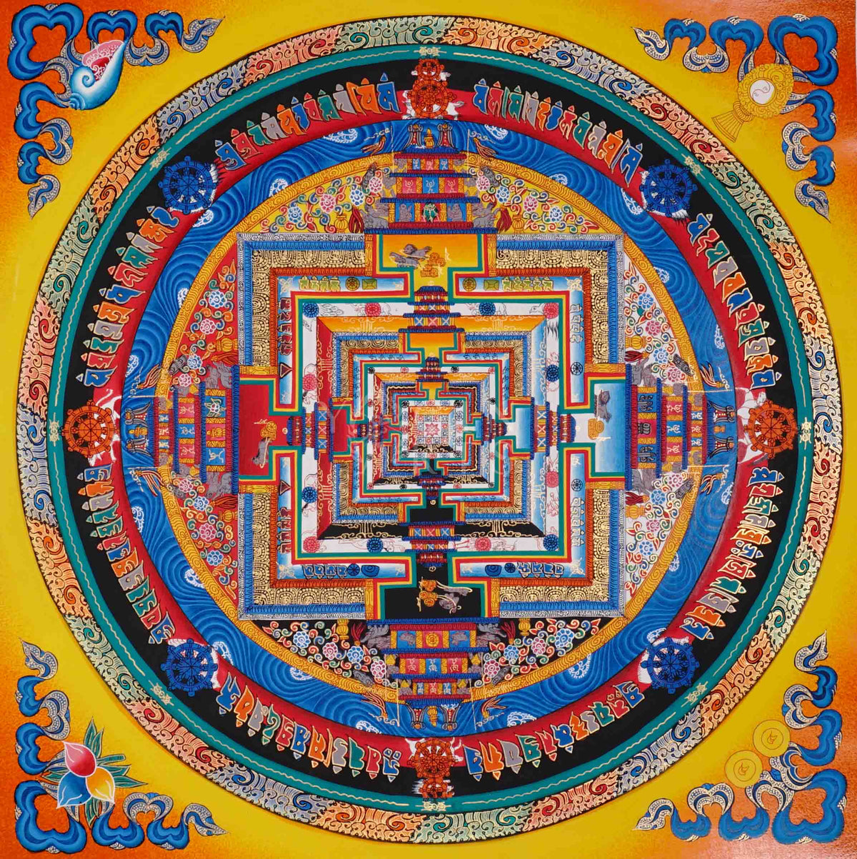 Hand painted multicolor Kalachakra Mandala thangka depicting Tibetan Wheel of Time sacred palace with bright yellow background