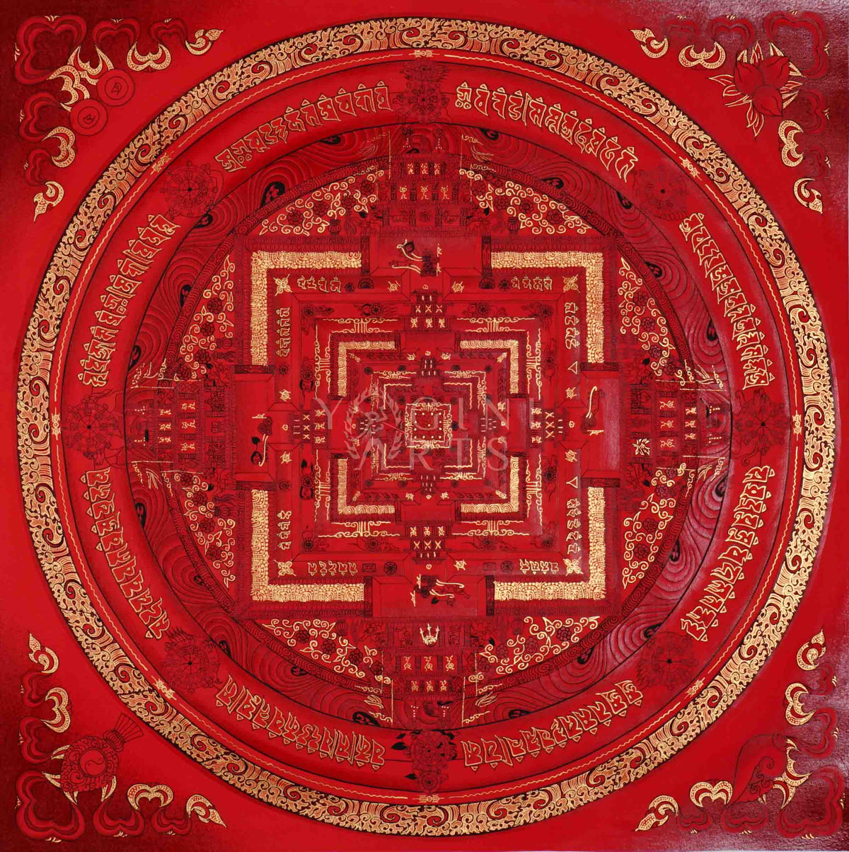 Hand painted deep red Kalachakra Mandala thangka depicting Tibetan Wheel of Time sacred palace with gold detailing
