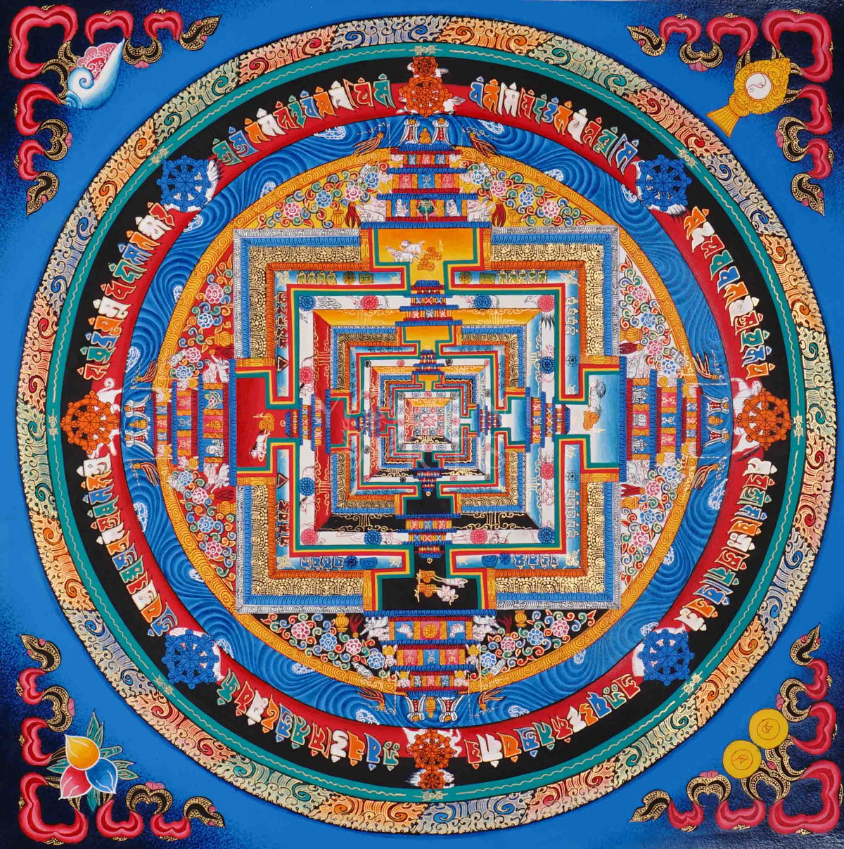 Hand painted blue Kalachakra Mandala thangka depicting Tibetan Wheel of Time sacred palace with vibrant multicolor detailing