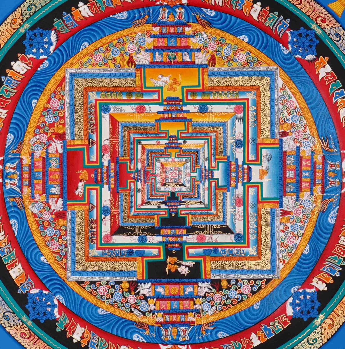 Hand painted blue Kalachakra Mandala thangka depicting Tibetan Wheel of Time sacred palace with vibrant multicolor detailing