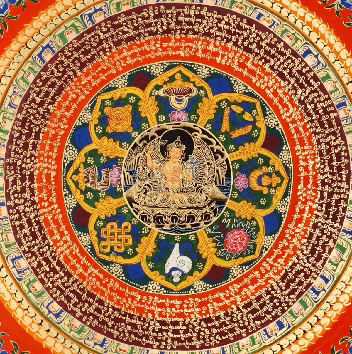 Hand painted Manjushree Mandala thangka depicting Tibetan Bodhisattva of Wisdom surrounded by mantra rings on red background