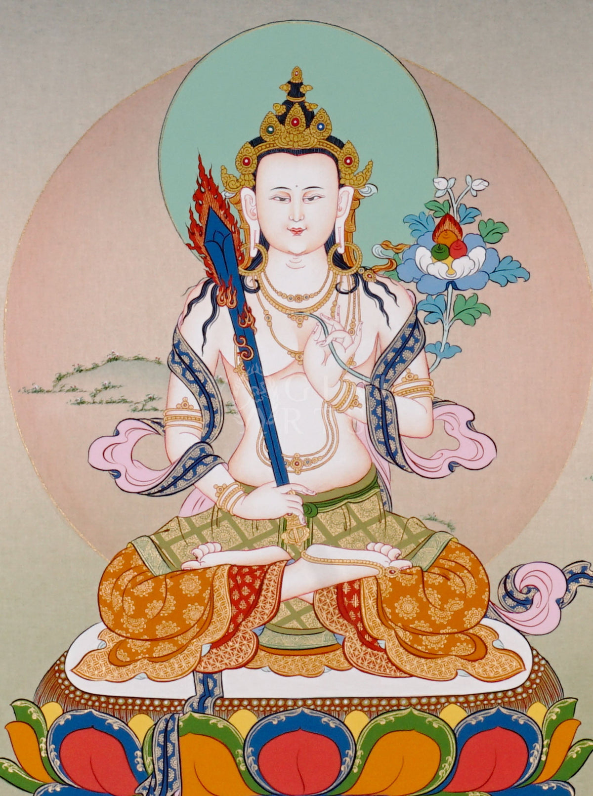 Akashagarbha bodhisattva thangka showing a peaceful seated figure holding a flaming sword, symbolizing wisdom and infinite space.