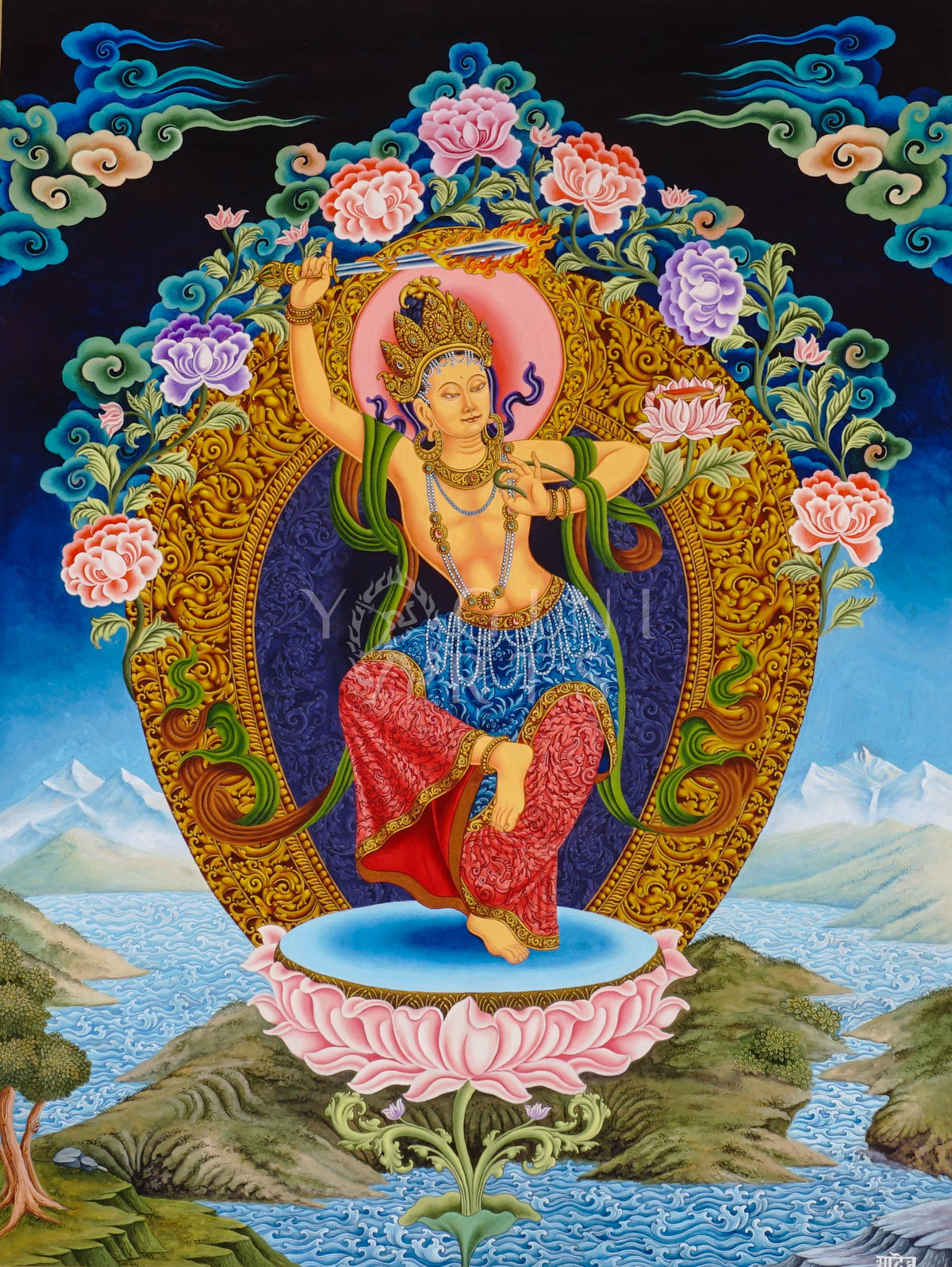 Newari Manjushree Tibetan thangka featuring the dancing Bodhisattva of Wisdom holding a flaming sword above a lotus throne with ornate floral designs