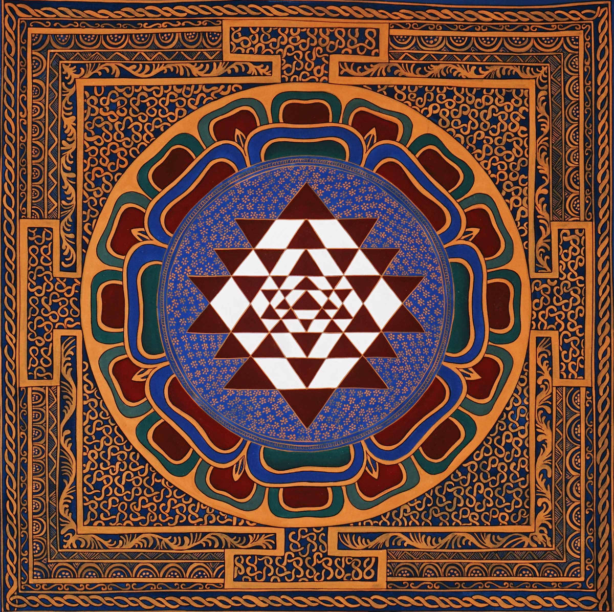 Hand-painted Shree Yantra lotus mandala featuring sacred geometric triangles within an ornate Tantric decorative border