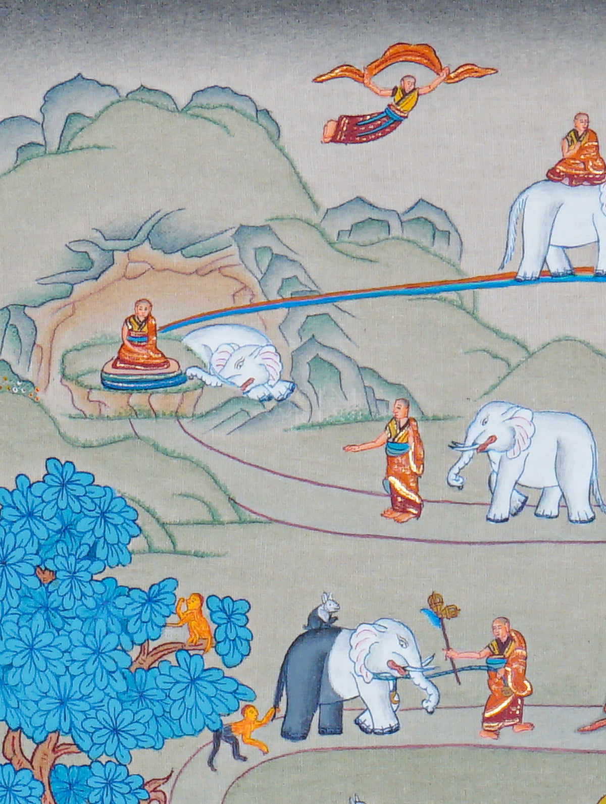 Way to Heaven Thangka painting featuring elephants, Buddhist monks, winding mountain paths, symbolic flames, and traditional Himalayan scenery, 30 x 23 cm