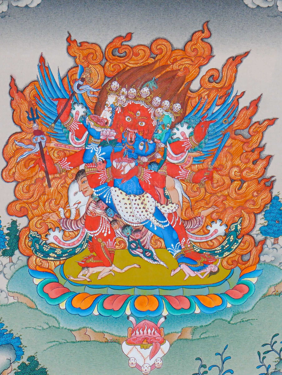 Hayagriva Thangka painting featuring a multi-faced wrathful Buddhist deity surrounded by blazing flames, a colorful lotus throne, and Himalayan landscape details, 30 x 23 cm