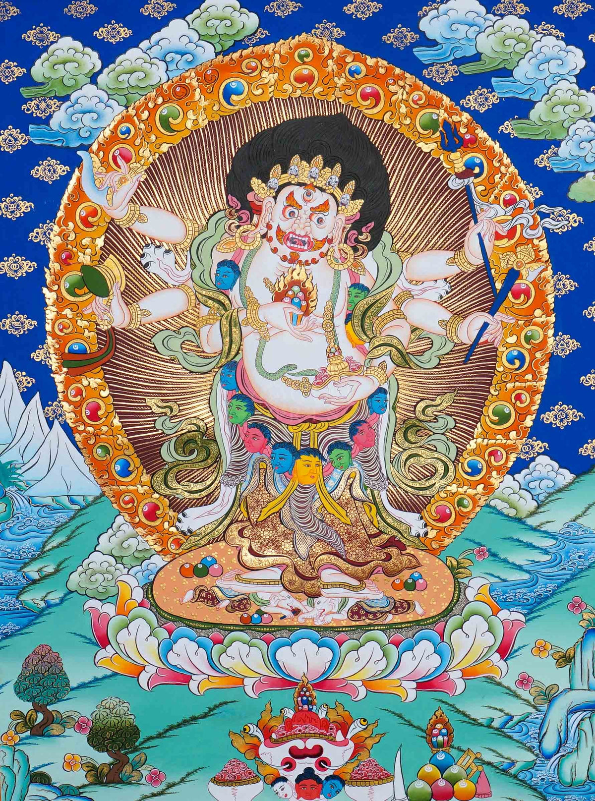 White Mahakala Thangka painting with sacred flames, lotus throne and Tibetan Buddhist symbolism, traditional Nepalese Buddhist art