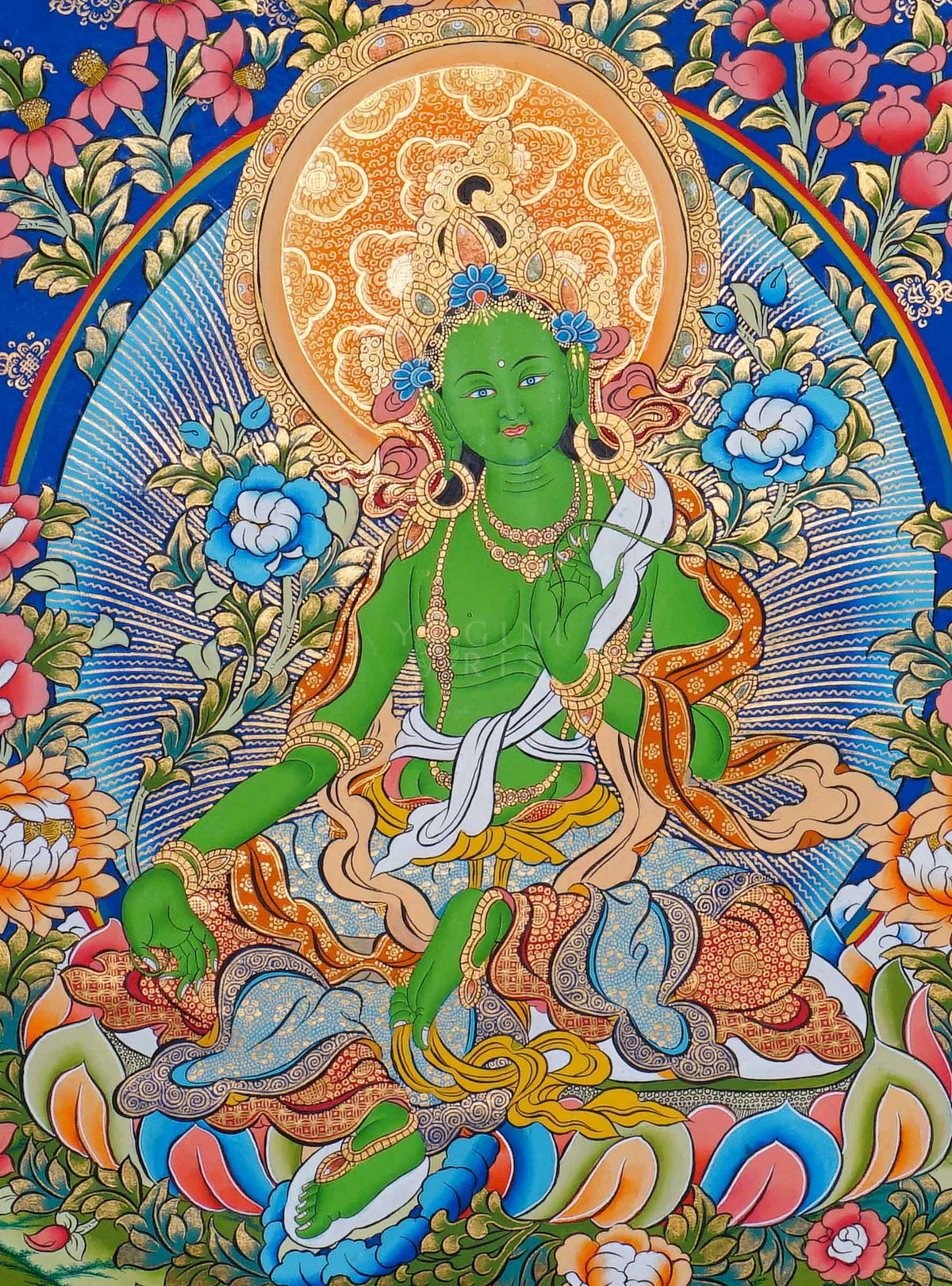 Green Tara Thangka painting depicting Green Tara seated on a lotus throne surrounded by flowers, clouds and intricate traditional Tibetan Buddhist artwork from Nepal
