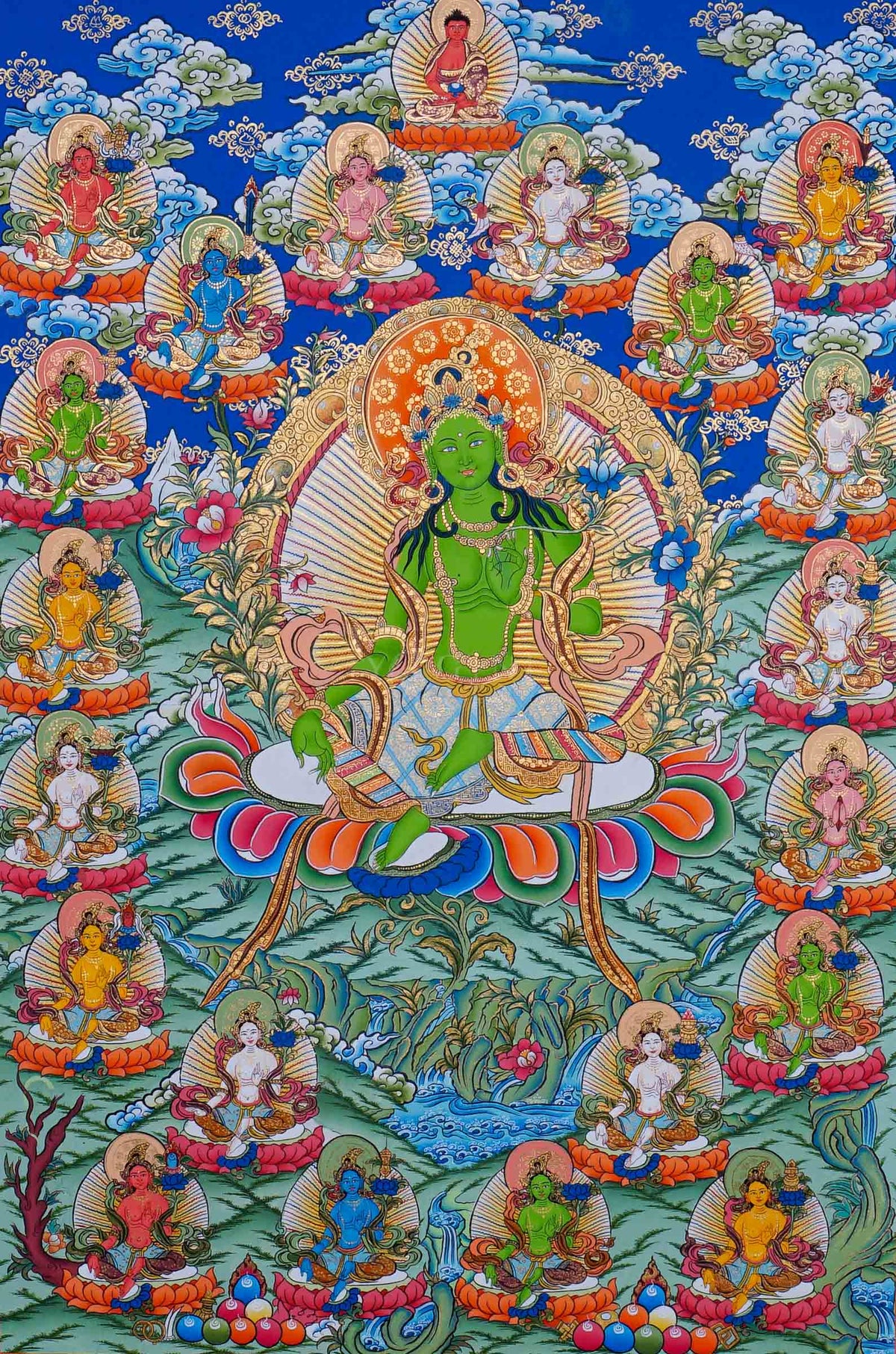 21 Tara Thangka painting featuring Green Tara surrounded by the Twenty-One Taras in traditional Tibetan Buddhist art from Nepal